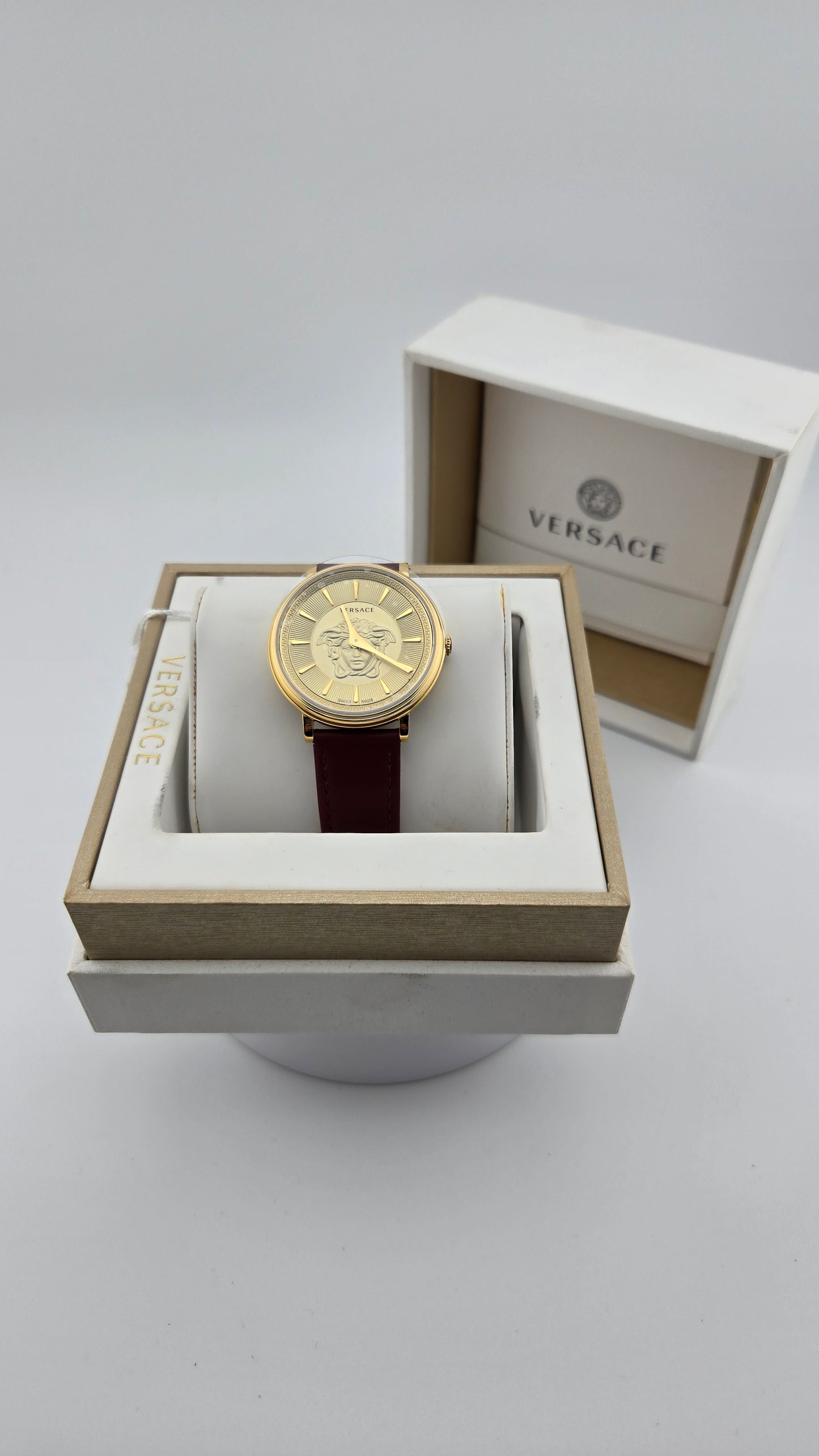 Versace V-Circle Medusa Collection Luxury Women's Watch Timepieces with a Burgundy Strap Featuring a Gold Case and Dial - VE8103821 VERSACE LDS IP