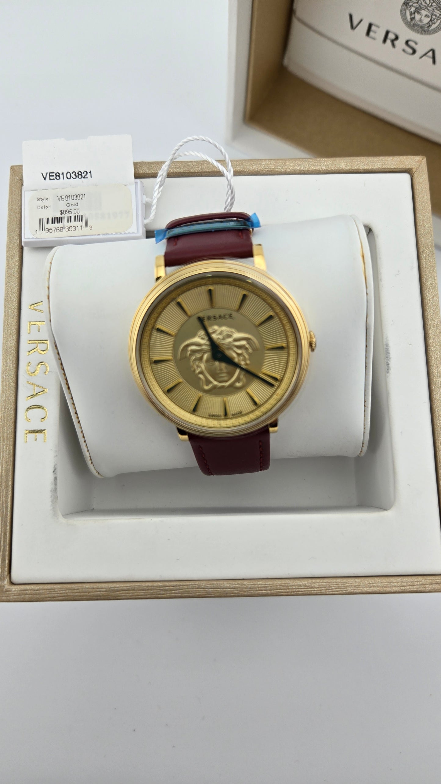 Versace V-Circle Medusa Collection Luxury Women's Watch Timepieces with a Burgundy Strap Featuring a Gold Case and Dial - VE8103821 VERSACE LDS IP