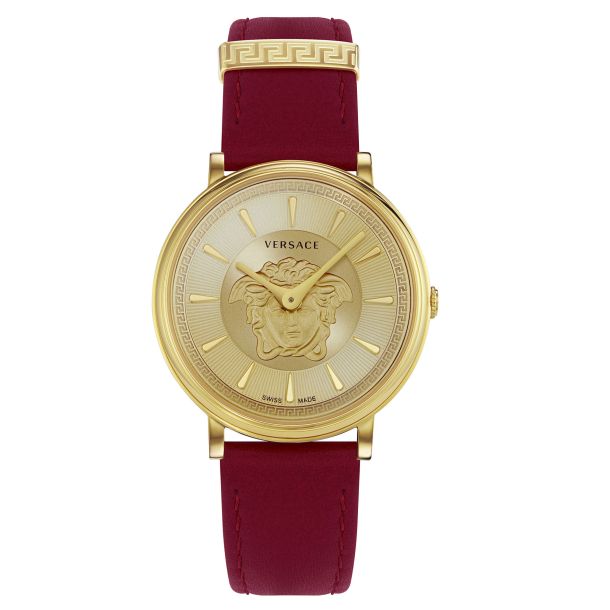Versace V-Circle Medusa Collection Luxury Women's Watch Timepieces with a Burgundy Strap Featuring a Gold Case and Dial - VE8103821 VERSACE LDS IP