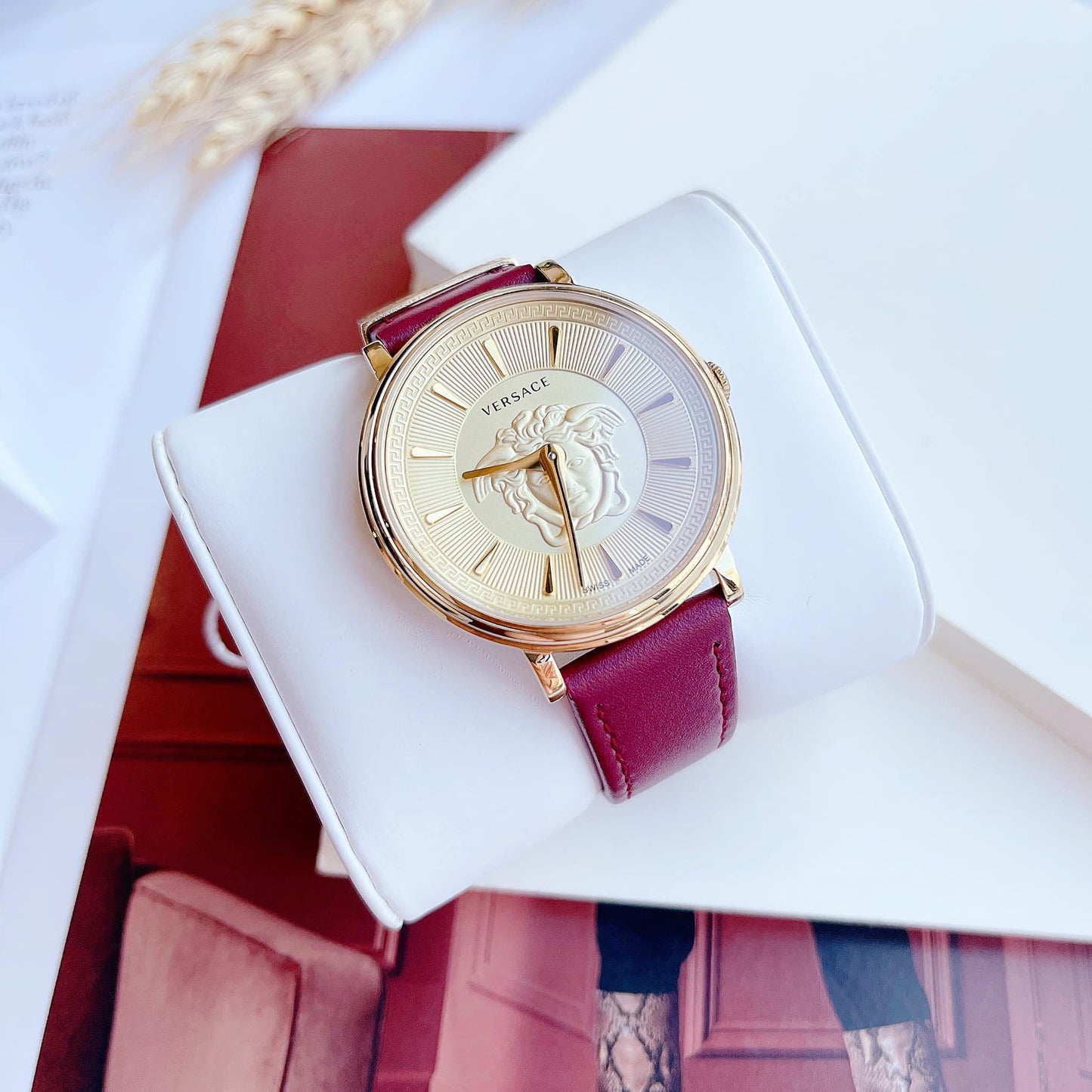 Versace V-Circle Medusa Collection Luxury Women's Watch Timepieces with a Burgundy Strap Featuring a Gold Case and Dial - VE8103821 VERSACE LDS IP