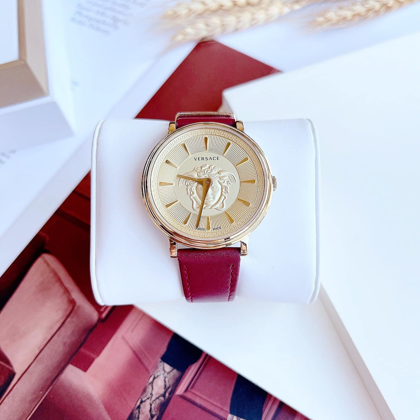 Versace V-Circle Medusa Collection Luxury Women's Watch Timepieces with a Burgundy Strap Featuring a Gold Case and Dial - VE8103821 VERSACE LDS IP