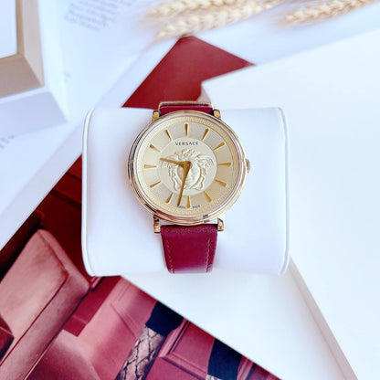 Versace V-Circle Medusa Collection Luxury Women's Watch Timepieces with a Burgundy Strap Featuring a Gold Case and Dial - VE8103821 VERSACE LDS IP