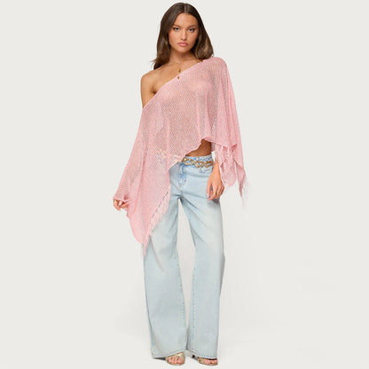 Summer Hollow Out Cutout out Diagonal Collar Inverness Irregular Asymmetric Design Knitted Blouse