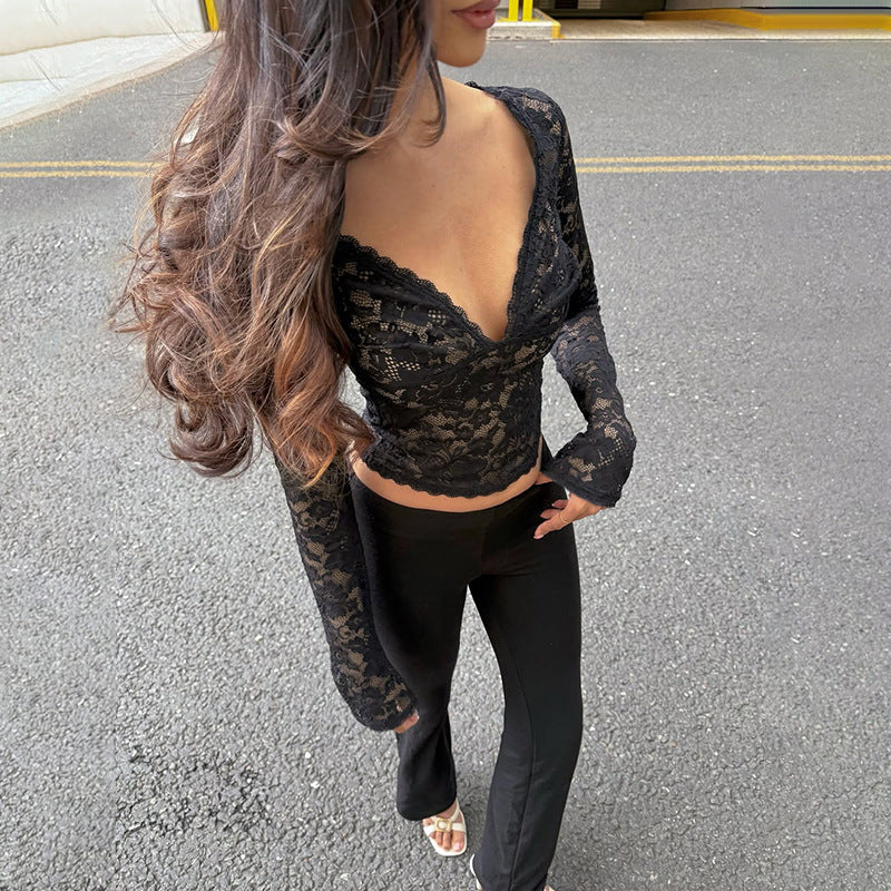 Autumn Hollow Out Cutout out V neck Lace See through Bottoming Top
