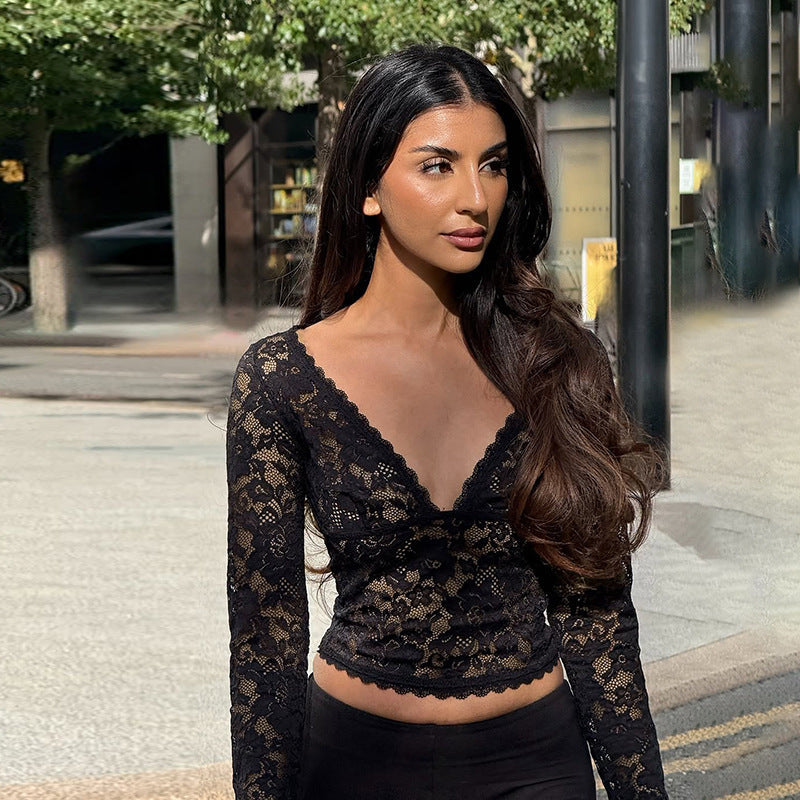 Autumn Hollow Out Cutout out V neck Lace See through Bottoming Top