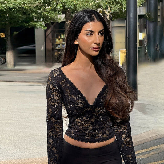 Autumn Hollow Out Cutout out V neck Lace See through Bottoming Top