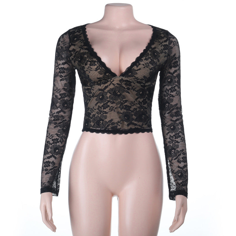 Autumn Hollow Out Cutout out V neck Lace See through Bottoming Top