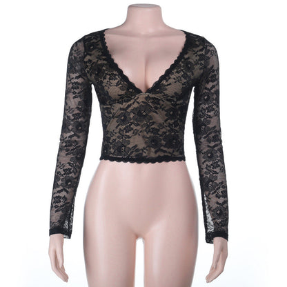 Autumn Hollow Out Cutout out V neck Lace See through Bottoming Top