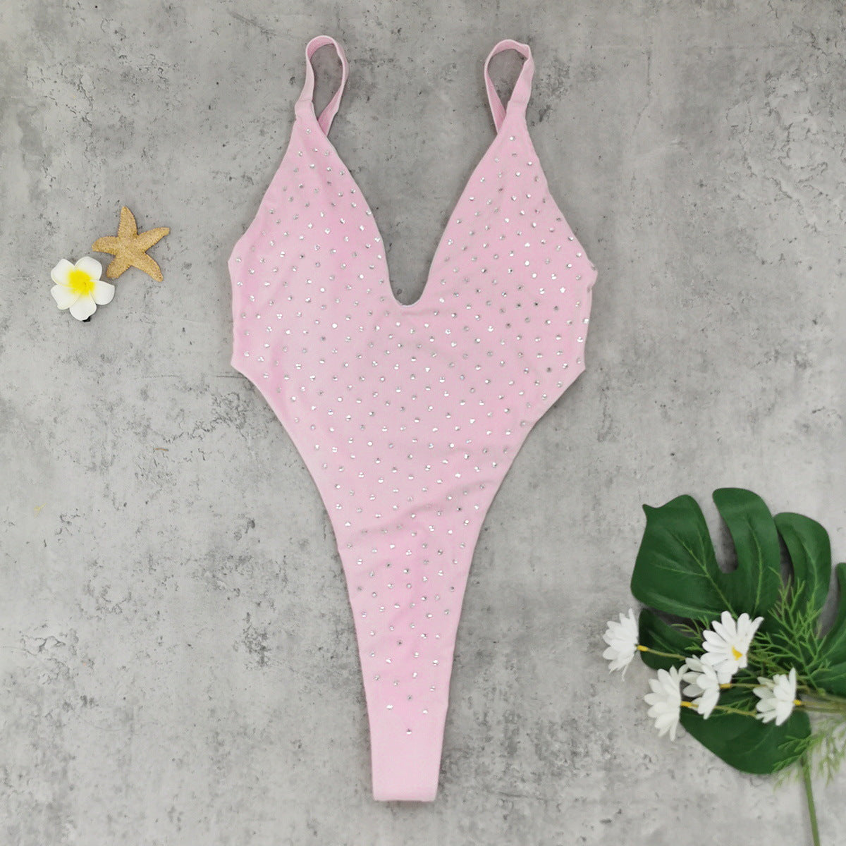 Backless One Piece T Shaped High Slit Triangle One Piece Swimsuit Women Solid Color Diamond