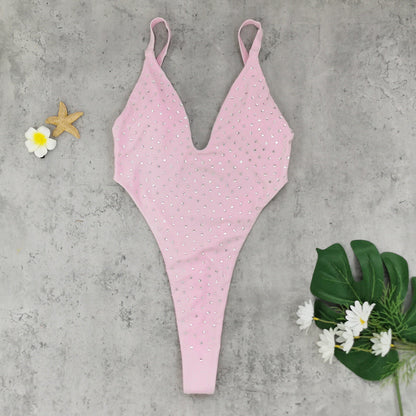 Backless One Piece T Shaped High Slit Triangle One Piece Swimsuit Women Solid Color Diamond