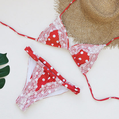 Retro Polka Dot Lace Strap Three Point Bikini Backless Split Swimsuit
