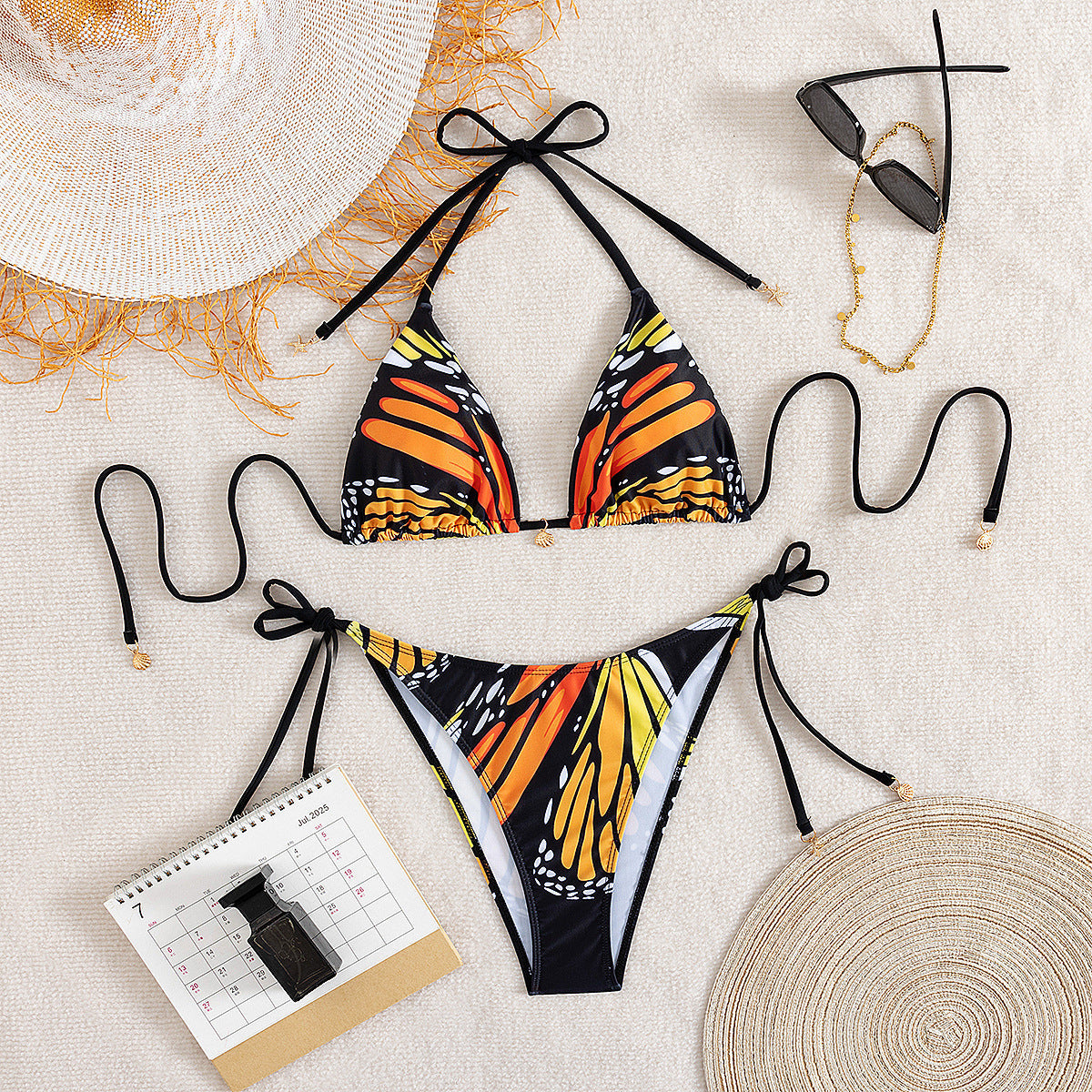 Bikini Swimsuit Women Butterfly Printed Halter Lace up Bikini Swimsuit