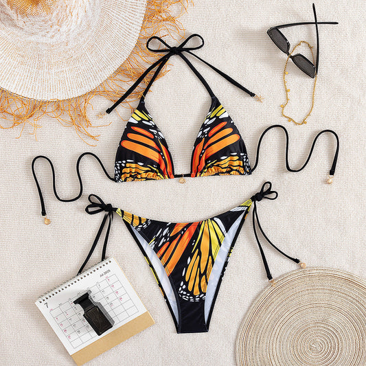 Bikini Swimsuit Women Butterfly Printed Halter Lace up Bikini Swimsuit