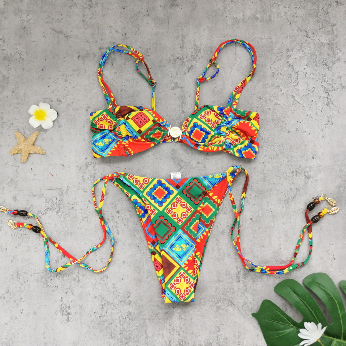 Tube Top Low Waist Three Point Bikini Backless Lace up Printed Split Swimsuit Women Bikini