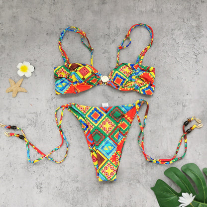 Tube Top Low Waist Three Point Bikini Backless Lace up Printed Split Swimsuit Women Bikini