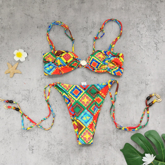 Tube Top Low Waist Three Point Bikini Backless Lace up Printed Split Swimsuit Women Bikini