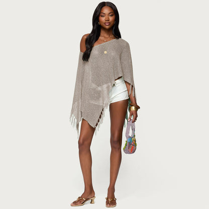 Summer Hollow Out Cutout out Diagonal Collar Inverness Irregular Asymmetric Design Knitted Blouse
