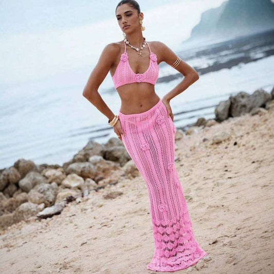 Floating Floral Cropped Outfit Bikini Strap Halter Knitted Swimsuit Dress