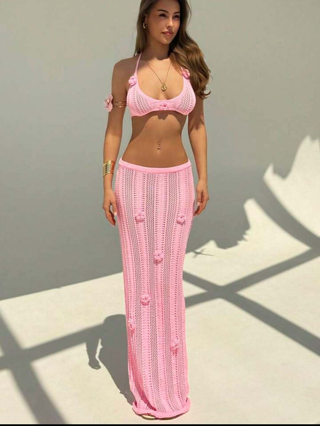 Floating Floral Cropped Outfit Bikini Strap Halter Knitted Swimsuit Dress