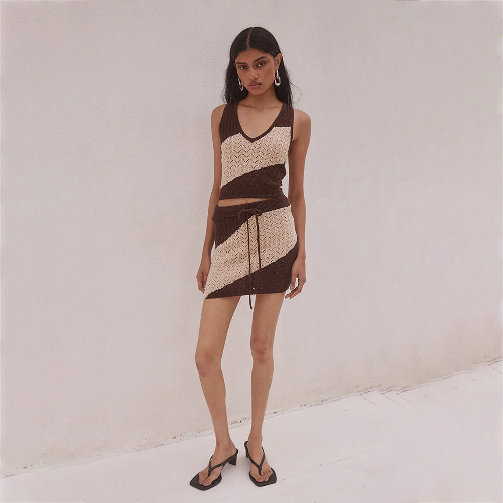 Women Hollow Out Cutout Striped Beach Dress Bikini Swimsuit Blouse Sun Proof Set
