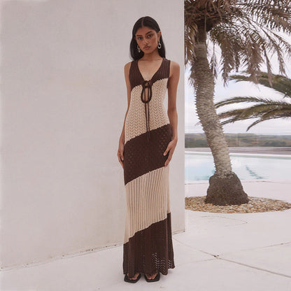 Striped Knitted Hollow Out Cutout out Beach Cover up Bikini Swimsuit Beach Dress for Women