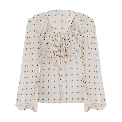 Ruffled V Collar Polka Dot Chiffon Top Girlish Cute Youth Looking Bow Lace up Long Sleeve Shirt Autumn