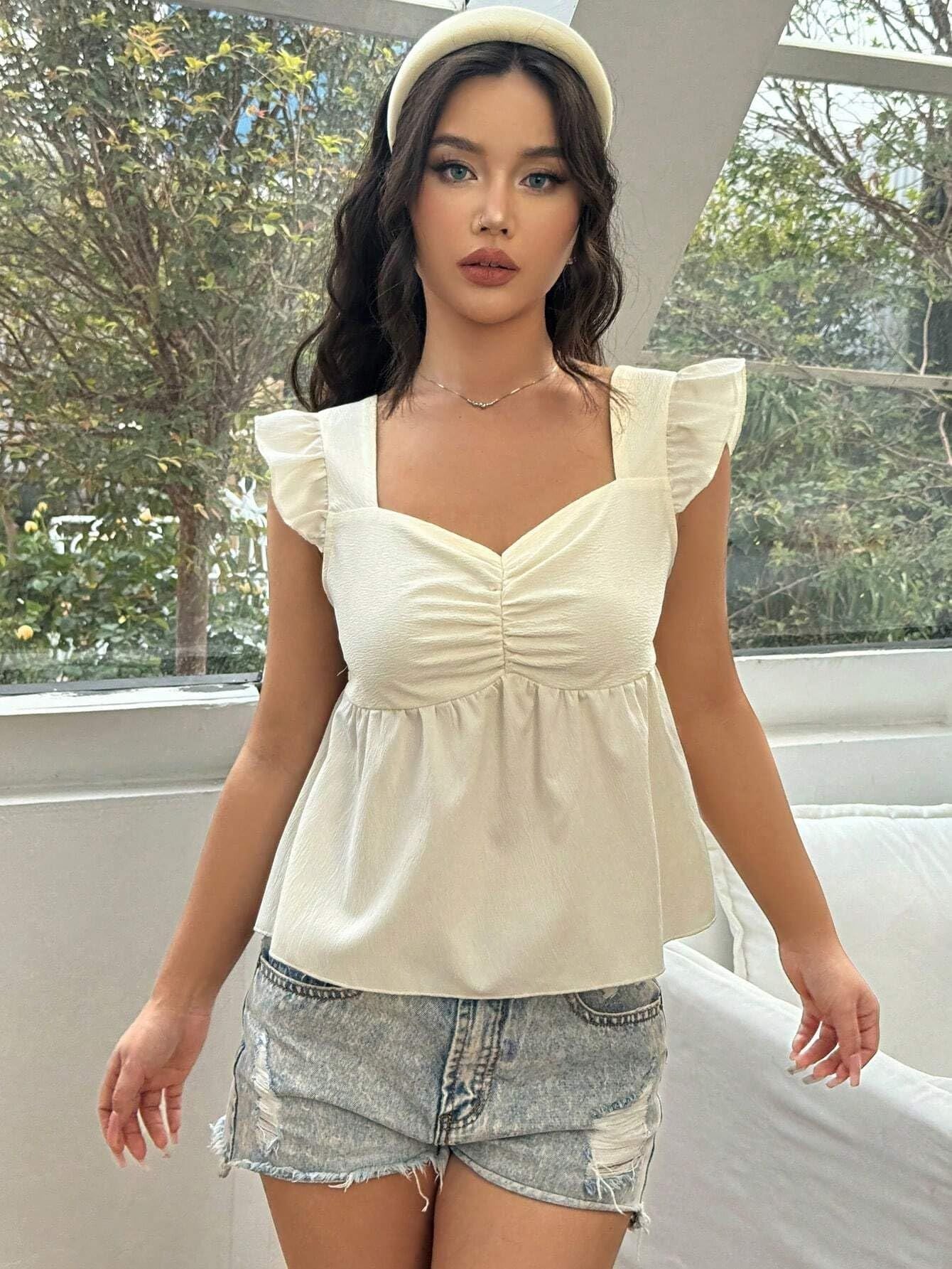 Ruffled Short Flounced Sleeve Top High Grade Slimming Exquisite off Shoulder Square Collar Loose French Top