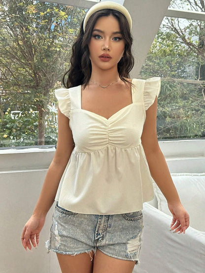 Ruffled Short Flounced Sleeve Top High Grade Slimming Exquisite off Shoulder Square Collar Loose French Top