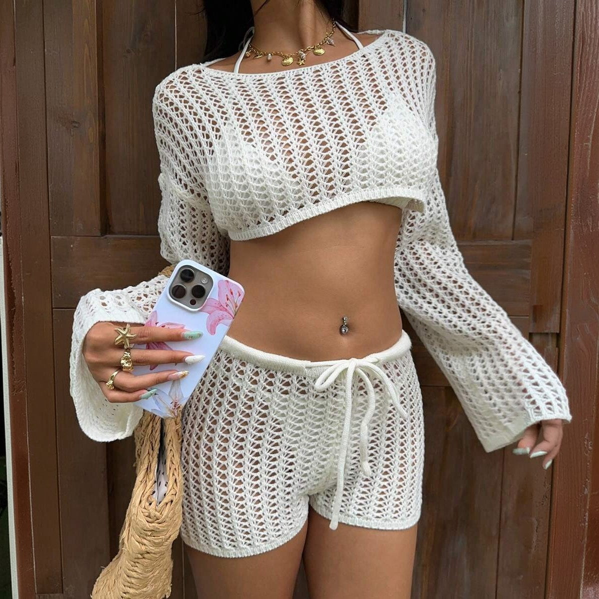 Solid Color Cutout Knitted Beach Bikini Swimsuit Blouse Sun Proof Set