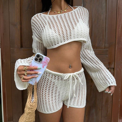 Solid Color Cutout Knitted Beach Bikini Swimsuit Blouse Sun Proof Set