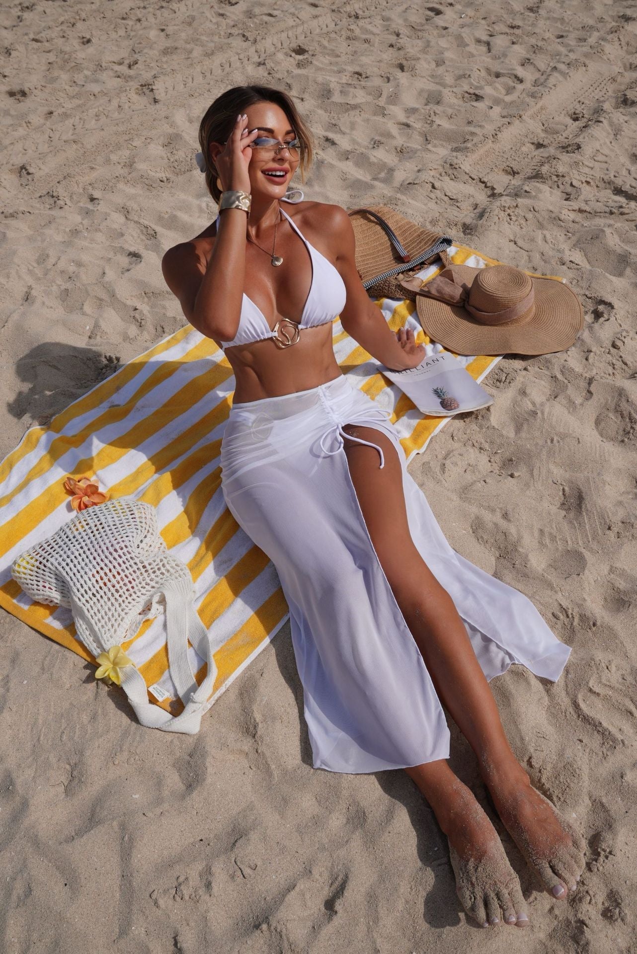 Solid Color Beach Sun Protection Tulle Skirt Three Piece Set Bikini Split Swimsuit