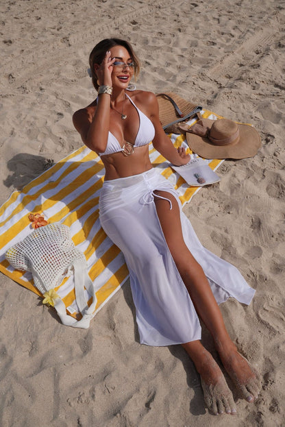 Solid Color Beach Sun Protection Tulle Skirt Three Piece Set Bikini Split Swimsuit