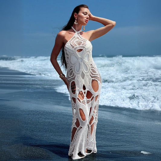 Solid Color Cutout Halter Beach Cover up Bikini Swimsuit Beach Dress Women