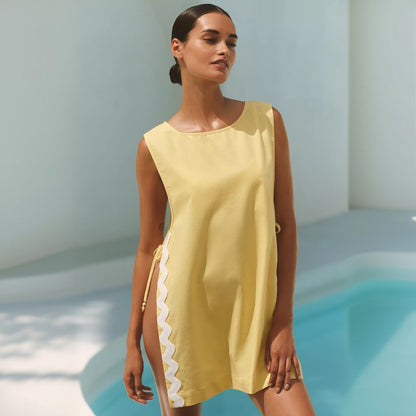 Solid Color Slit Sleeveless Beach Cover up Bikini Swimsuit Beach Shirt Women Short
