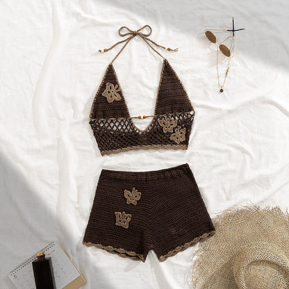 Knitted Lace up Cutout Split Swimsuit Women High Waist Shorts Bikini Two Piece Sets