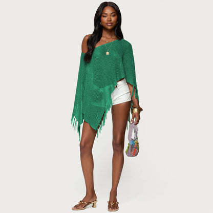 Summer Hollow Out Cutout out Diagonal Collar Inverness Irregular Asymmetric Design Knitted Blouse
