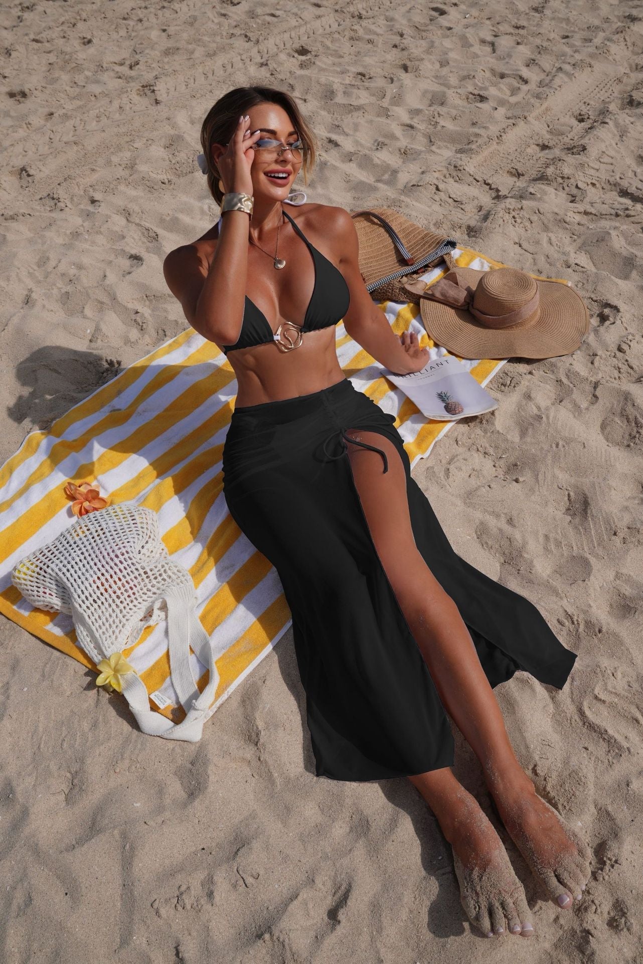 Solid Color Beach Sun Protection Tulle Skirt Three Piece Set Bikini Split Swimsuit