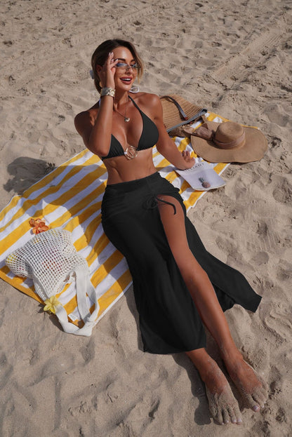 Solid Color Beach Sun Protection Tulle Skirt Three Piece Set Bikini Split Swimsuit