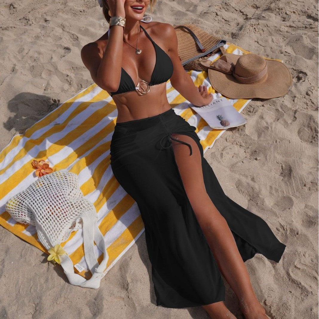 Solid Color Beach Sun Protection Tulle Skirt Three Piece Set Bikini Split Swimsuit
