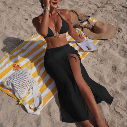 Solid Color Beach Sun Protection Tulle Skirt Three Piece Set Bikini Split Swimsuit