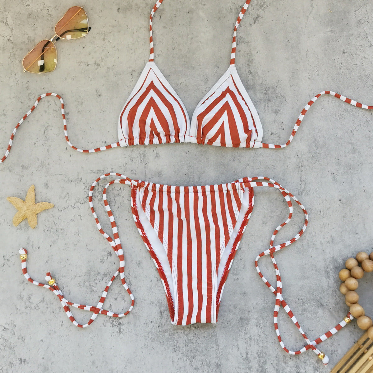 Three Point Multi Rope Lace up Backless Striped Bikini Split Swimsuit Women