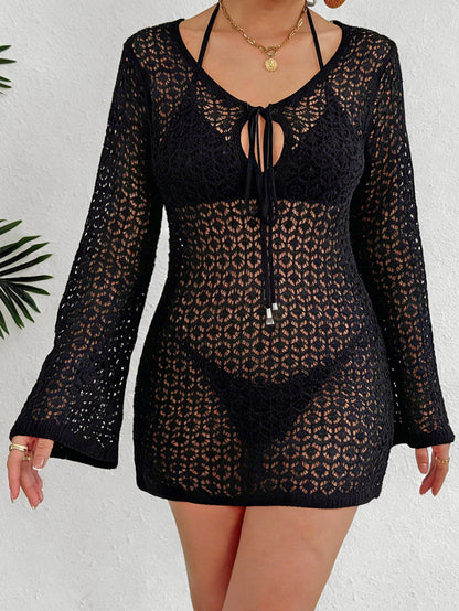 Women Beach Dress Beach Cover Up Women Clothing Long Sleeve Cutout See through Tied Dress