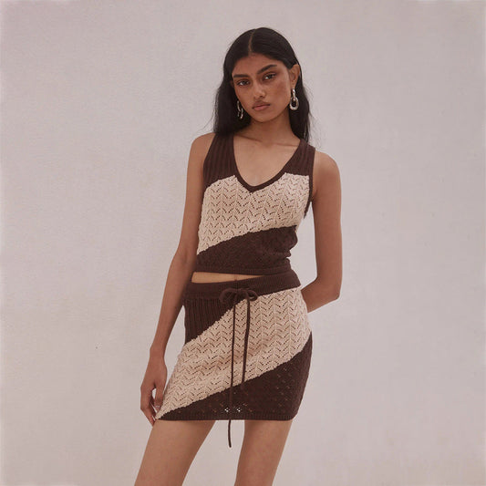 Women Hollow Out Cutout Striped Beach Dress Bikini Swimsuit Blouse Sun Proof Set