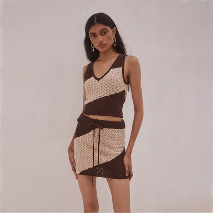 Women Hollow Out Cutout Striped Beach Dress Bikini Swimsuit Blouse Sun Proof Set