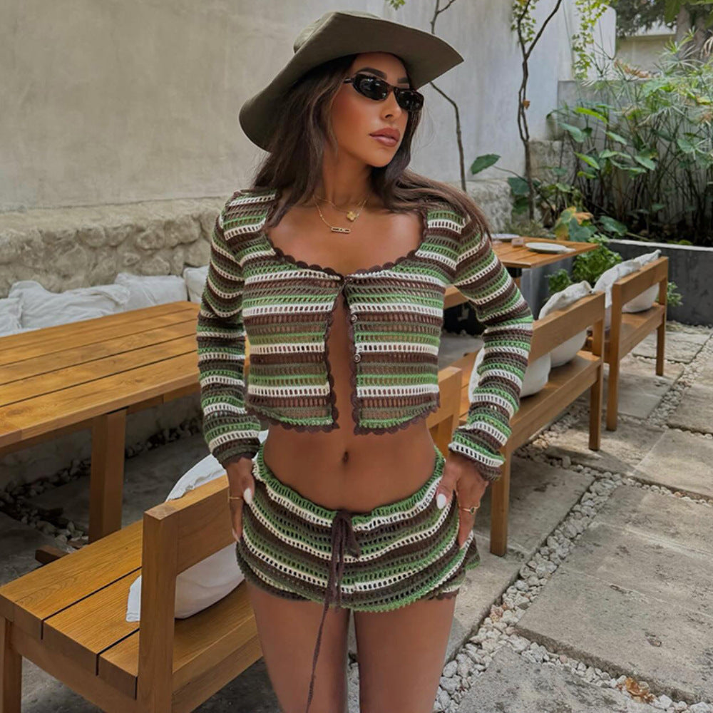 Women Knitted Striped Beach Bikini Swimsuit Blouse Sun Proof Skirt Set