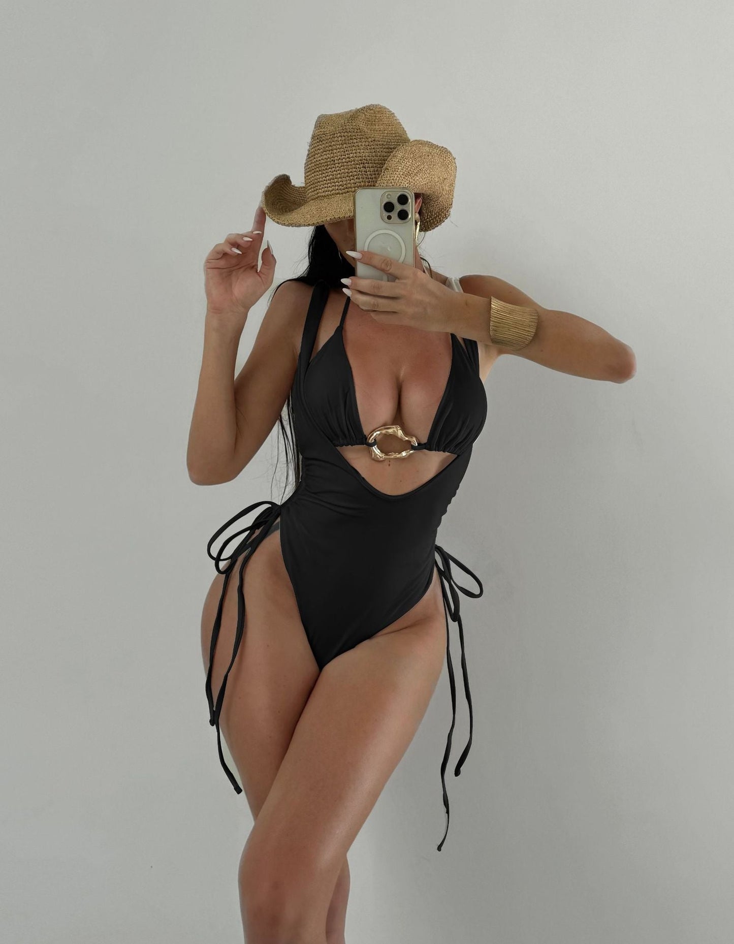 Two Piece Solid Color Swimsuit Women Bikini Metal Accessories Swimsuit