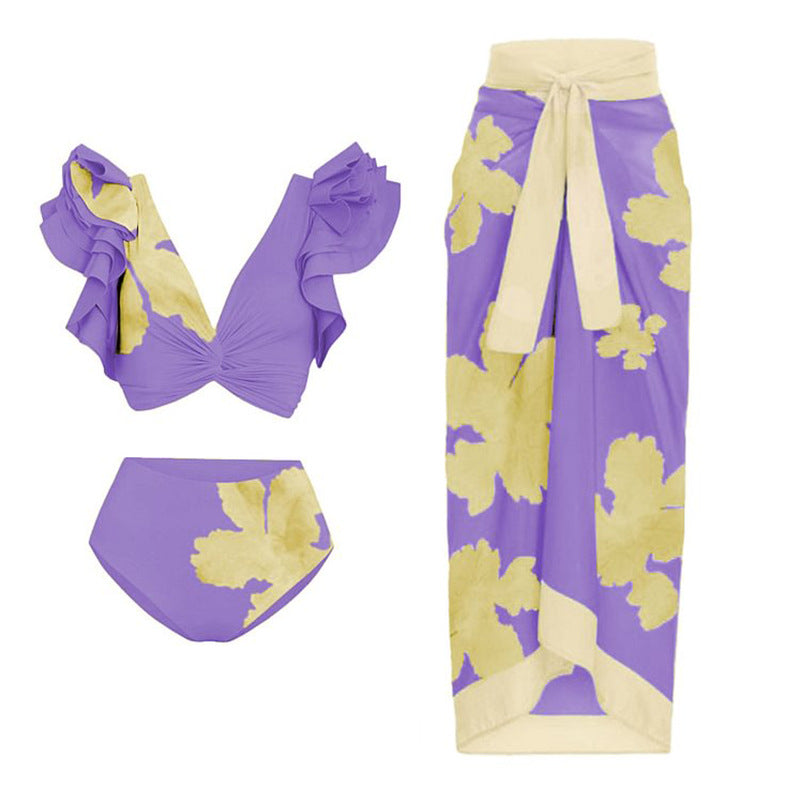 Split Bikini Lotus Sleeve High Waisted Trousers Slimming Swimsuit Women Floral