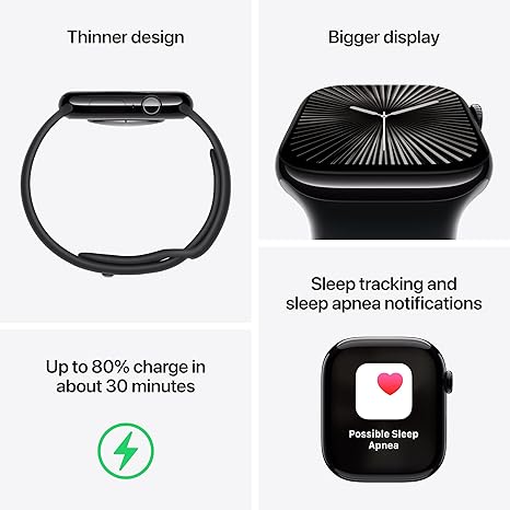 Apple Watch Series 10 [GPS + Cellular 46mm case] Smartwatch with Jet Black Aluminum Case with Black Sport Band - M/L. Fitness Tracker, ECG App, Always-On Retina Display, Water Resistant