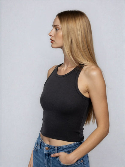 High Neck Tank Raw Hem- Cropped