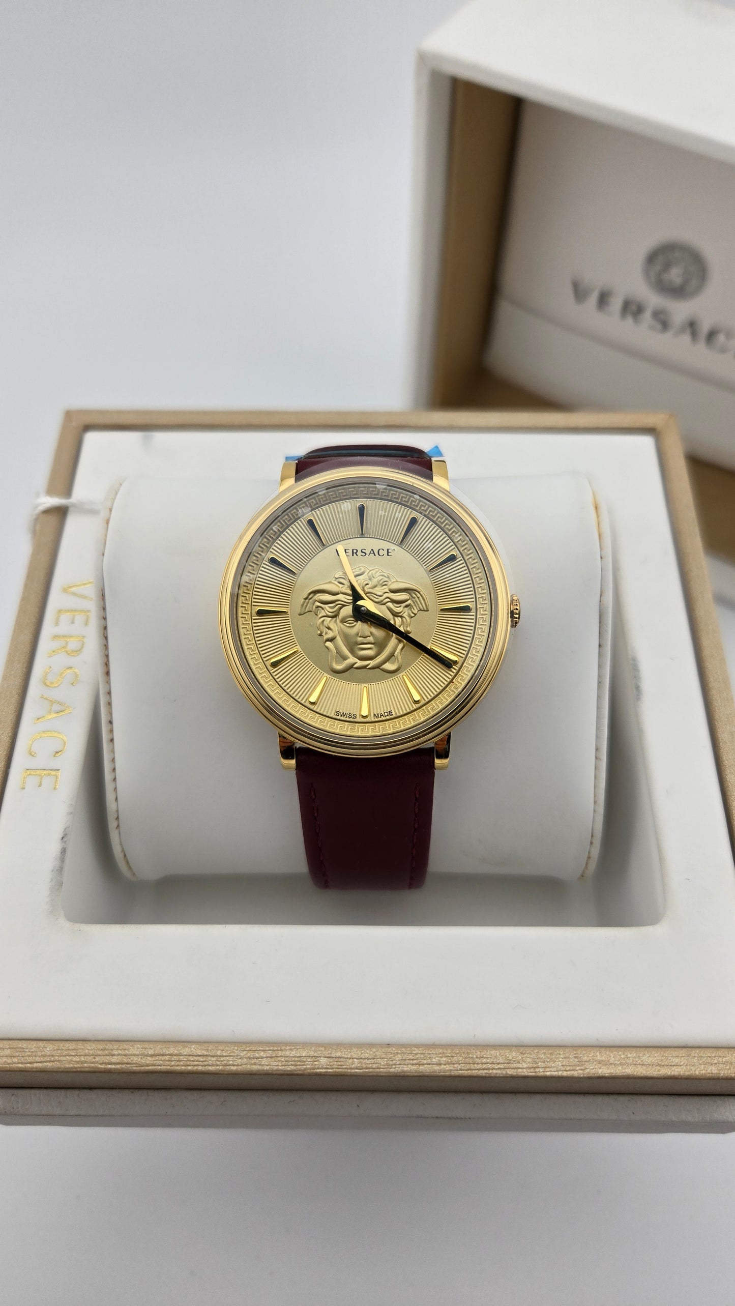 Versace V-Circle Medusa Collection Luxury Women's Watch Timepieces with a Burgundy Strap Featuring a Gold Case and Dial - VE8103821 VERSACE LDS IP